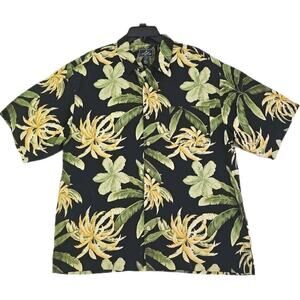 Bermuda Bay ~Men's Size L~ Black/Green 100% Silk Hawaiian Shirt Vacation, Casual